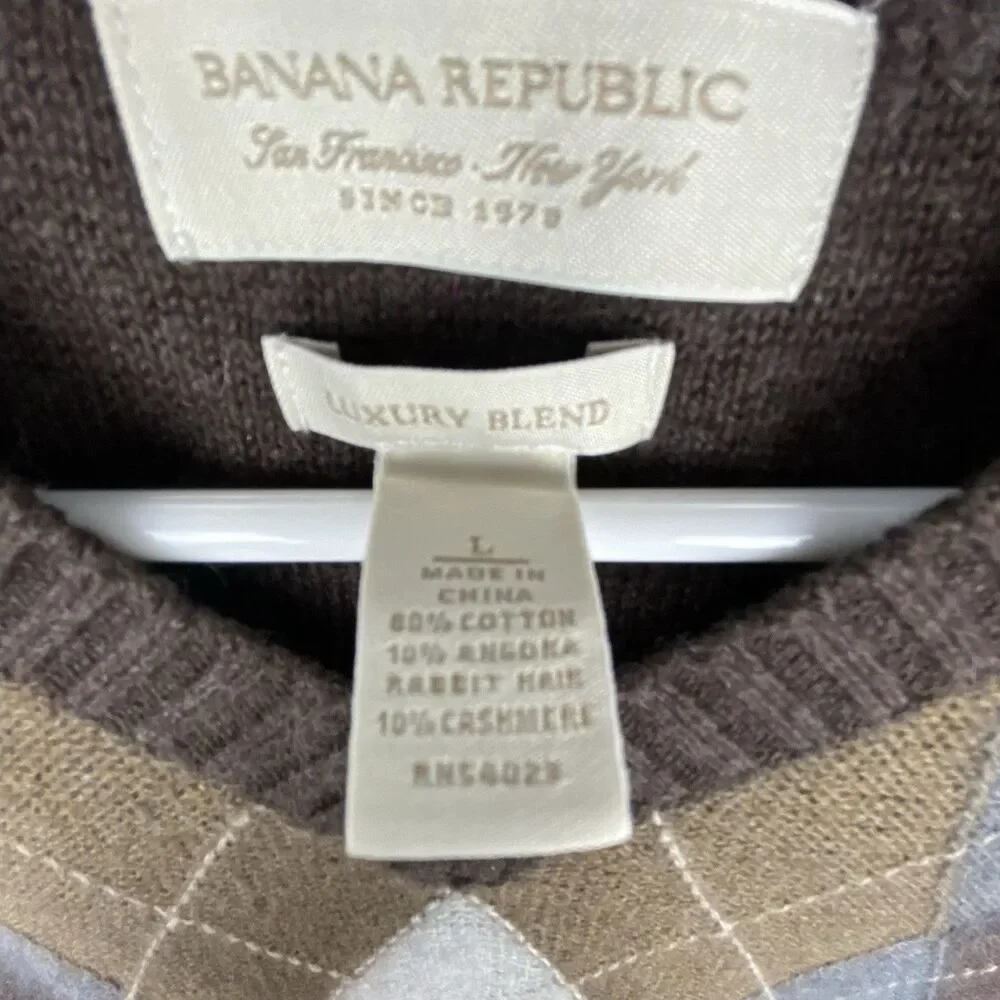Banana Republic Sweater Mens‎ Large Angora Cotton Cashmere Argyle Brown Luxury
